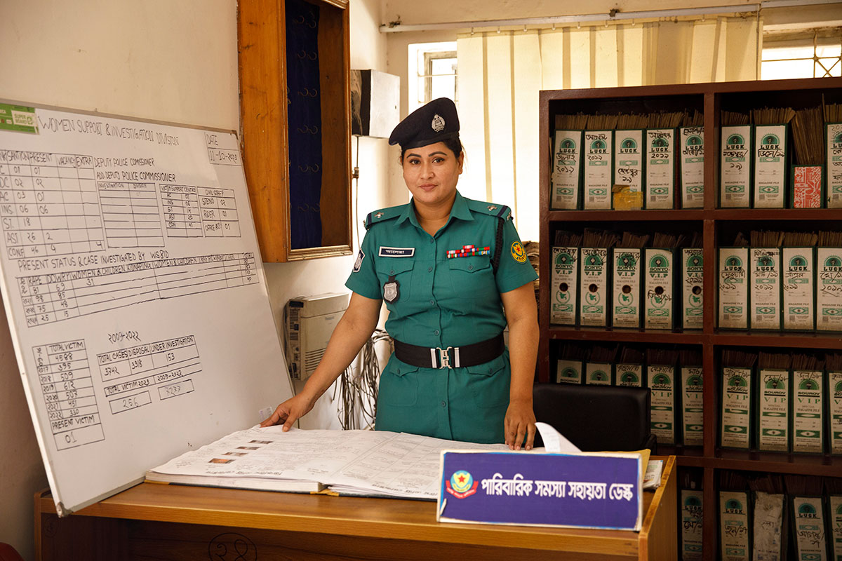 Officer Aliea Begum, Assistant Sub Inspector at a Victim Support Centre run by the Dhaka Metropolitan Police in Bangladesh. 